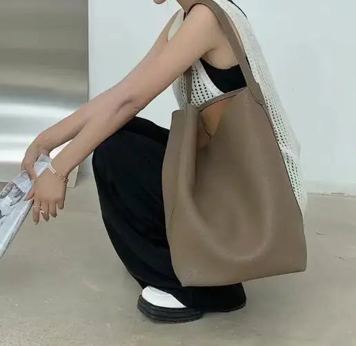 Soft Cowhdie Minimalism Women Bucket Bag Elegant French Style Lady Large Tote Bag Luxury Thick Real Leather Bag 2023