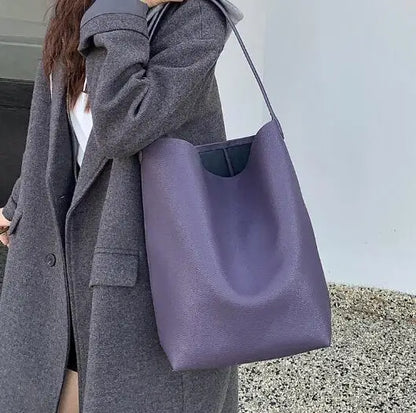 Soft Cowhdie Minimalism Women Bucket Bag Elegant French Style Lady Large Tote Bag Luxury Thick Real Leather Bag 2023
