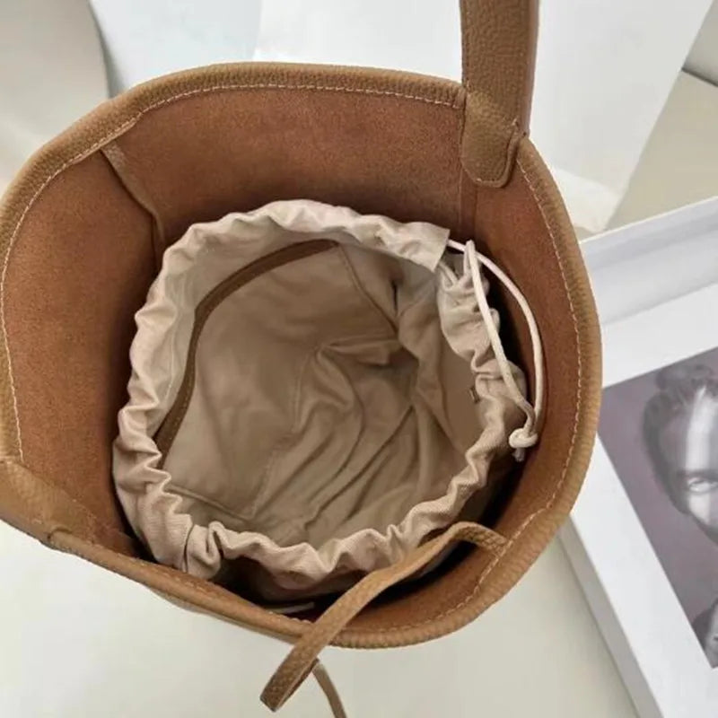 Soft Cowhdie Minimalism Women Bucket Bag Elegant French Style Lady Large Tote Bag Luxury Thick Real Leather Bag 2023