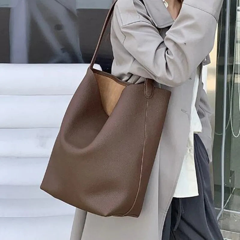 Soft Cowhdie Minimalism Women Bucket Bag Elegant French Style Lady Large Tote Bag Luxury Thick Real Leather Bag 2023