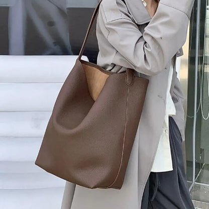 Soft Cowhdie Minimalism Women Bucket Bag Elegant French Style Lady Large Tote Bag Luxury Thick Real Leather Bag 2023