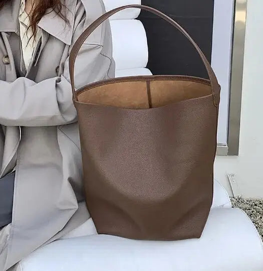 Soft Cowhdie Minimalism Women Bucket Bag Elegant French Style Lady Large Tote Bag Luxury Thick Real Leather Bag 2023