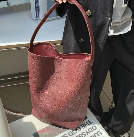 Soft Cowhdie Minimalism Women Bucket Bag Elegant French Style Lady Large Tote Bag Luxury Thick Real Leather Bag 2023