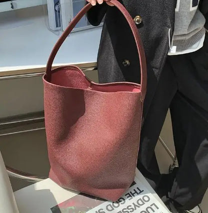 Soft Cowhdie Minimalism Women Bucket Bag Elegant French Style Lady Large Tote Bag Luxury Thick Real Leather Bag 2023