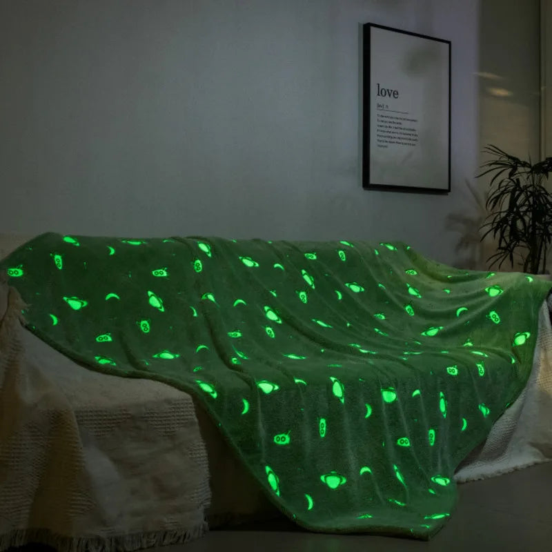 Soft Fleece Blanket Luminous Warm Flannel Blankets Glow In The Dark Stars Moon Print Sheet Sofa Bedspread Leisure Coverings Gift