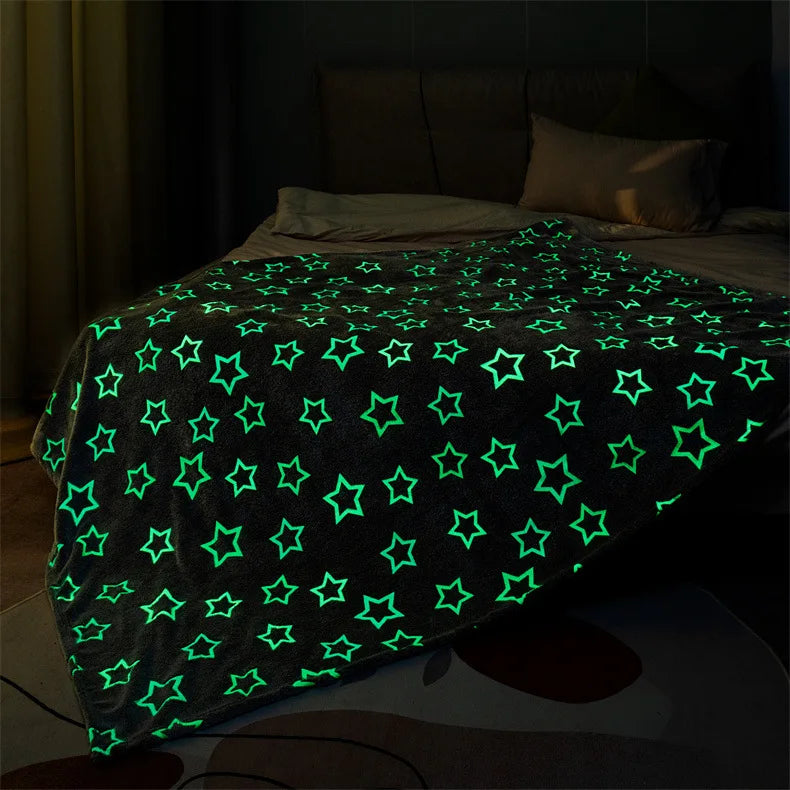 Soft Fleece Blanket Luminous Warm Flannel Blankets Glow In The Dark Stars Moon Print Sheet Sofa Bedspread Leisure Coverings Gift