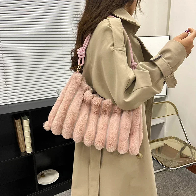 Soft Plush Shoulder Bags For Women 2022 Winter New Designer Purses And Handbags Luxury Underarm Hobo Tote Large Capacity Fur Bag