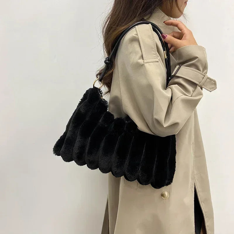 Soft Plush Shoulder Bags For Women 2022 Winter New Designer Purses And Handbags Luxury Underarm Hobo Tote Large Capacity Fur Bag