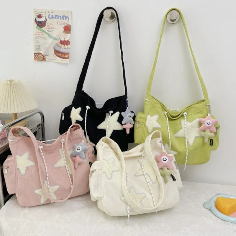 Soft and Durable Corduroy Shoulder Bag with Star Decoration Large Crossbody Bags