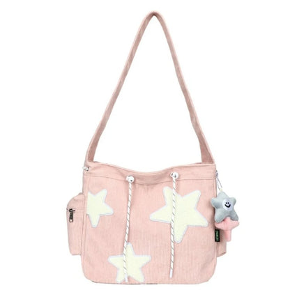 Soft and Durable Corduroy Shoulder Bag with Star Decoration Large Crossbody Bags