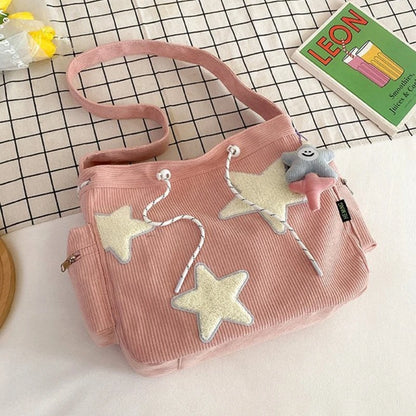Soft and Durable Corduroy Shoulder Bag with Star Decoration Large Crossbody Bags