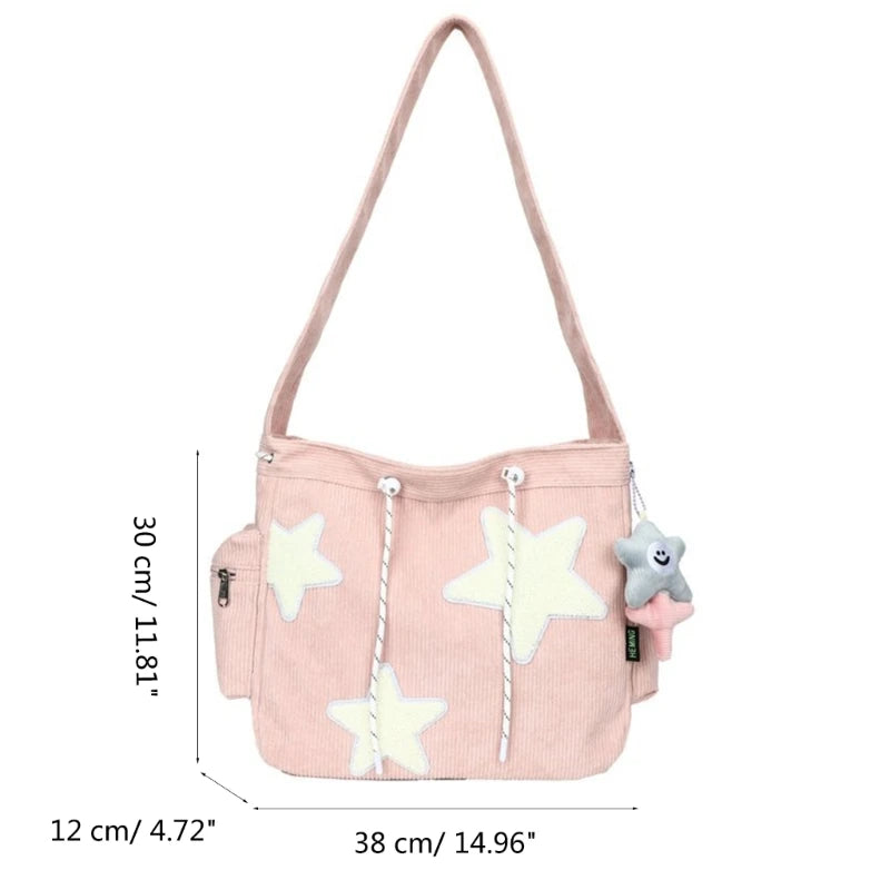 Soft and Durable Corduroy Shoulder Bag with Star Decoration Large Crossbody Bags