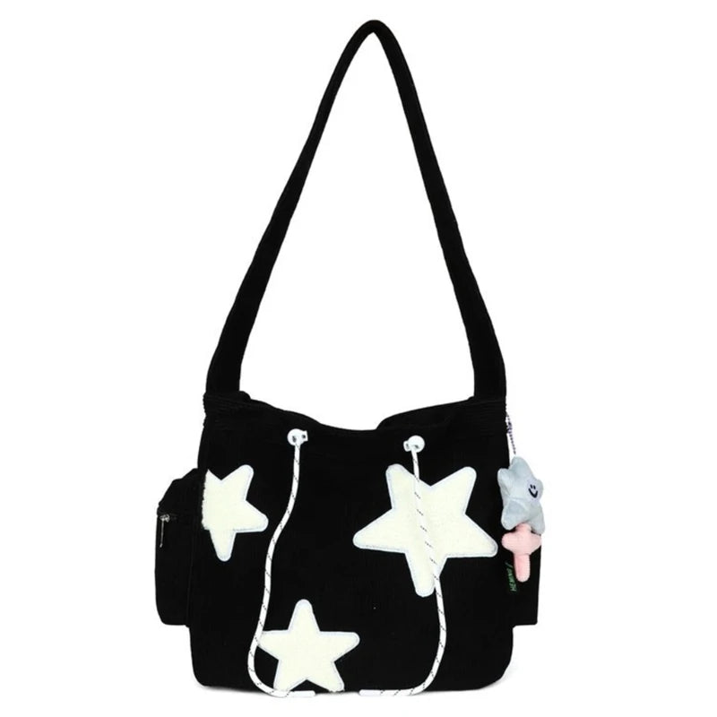 Soft and Durable Corduroy Shoulder Bag with Star Decoration Large Crossbody Bags
