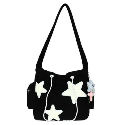 Soft and Durable Corduroy Shoulder Bag with Star Decoration Large Crossbody Bags
