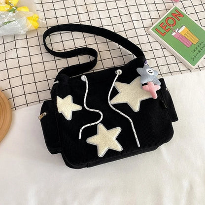 Soft and Durable Corduroy Shoulder Bag with Star Decoration Large Crossbody Bags