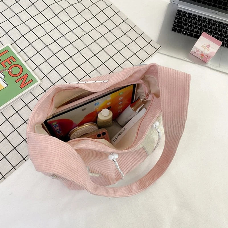 Soft and Durable Corduroy Shoulder Bag with Star Decoration Large Crossbody Bags
