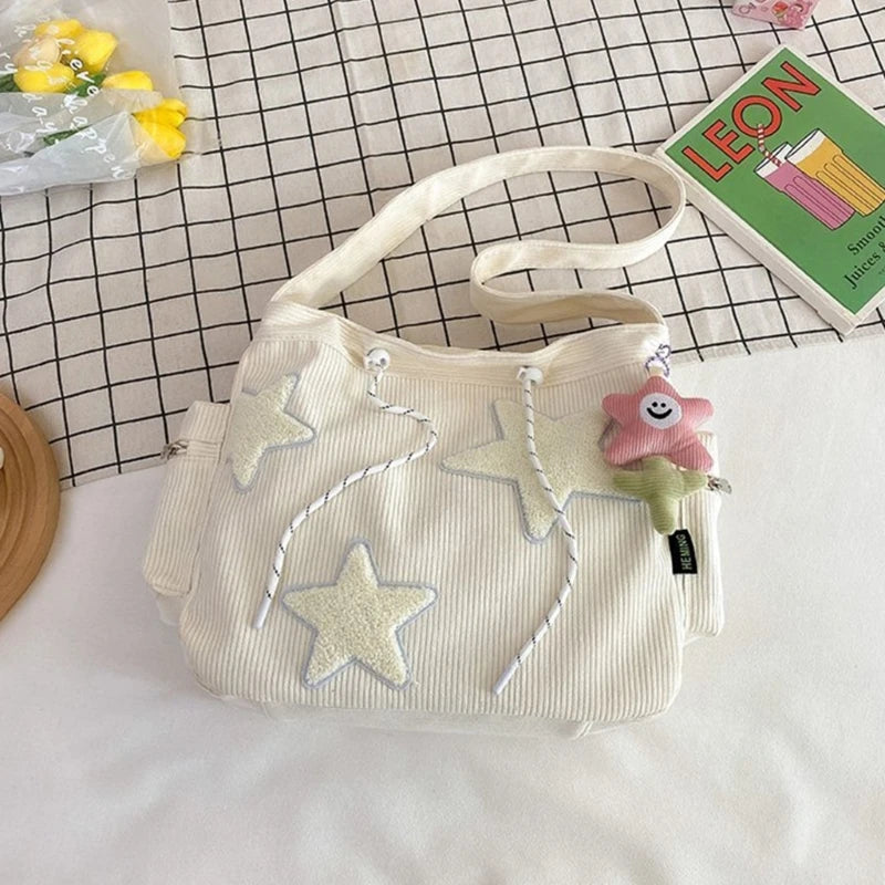 Soft and Durable Corduroy Shoulder Bag with Star Decoration Large Crossbody Bags