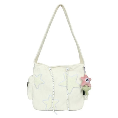 Soft and Durable Corduroy Shoulder Bag with Star Decoration Large Crossbody Bags