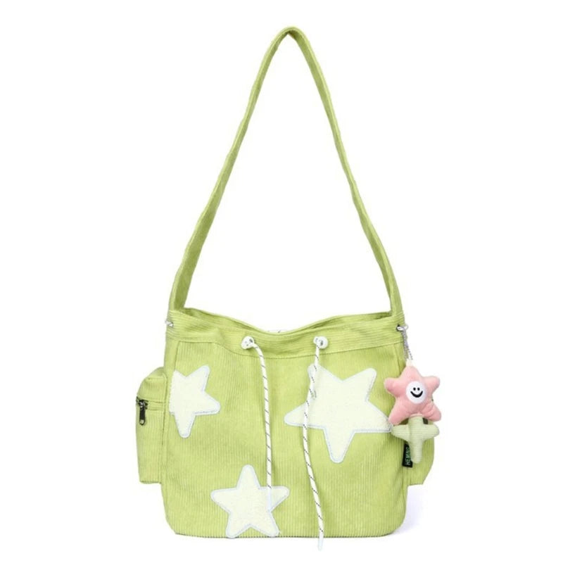 Soft and Durable Corduroy Shoulder Bag with Star Decoration Large Crossbody Bags