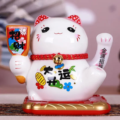 Solar Powered Ceramic Lucky Cat Beckoning Fortune Cat Home Car Decoration Gift Wealth Waving Arm Cat
