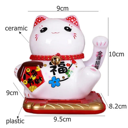 Solar Powered Ceramic Lucky Cat Beckoning Fortune Cat Home Car Decoration Gift Wealth Waving Arm Cat
