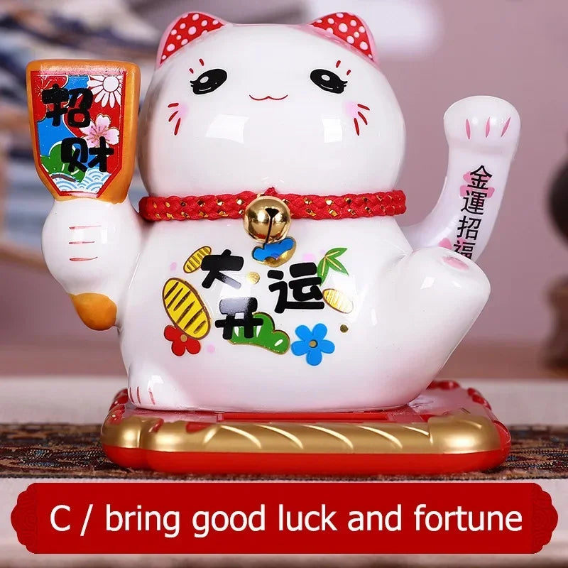 Solar Powered Ceramic Lucky Cat Beckoning Fortune Cat Home Car Decoration Gift Wealth Waving Arm Cat