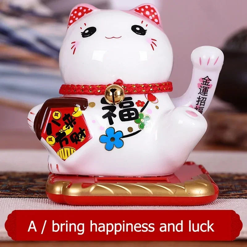 Solar Powered Ceramic Lucky Cat Beckoning Fortune Cat Home Car Decoration Gift Wealth Waving Arm Cat