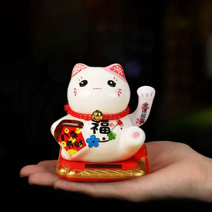 Solar Powered Ceramic Lucky Cat Beckoning Fortune Cat Home Car Decoration Gift Wealth Waving Arm Cat