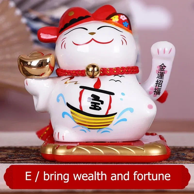 Solar Powered Ceramic Lucky Cat Beckoning Fortune Cat Home Car Decoration Gift Wealth Waving Arm Cat
