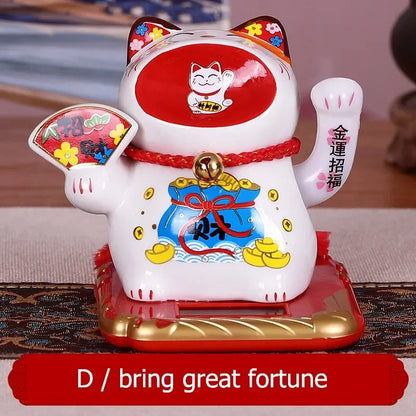 Solar Powered Ceramic Lucky Cat Beckoning Fortune Cat Home Car Decoration Gift Wealth Waving Arm Cat