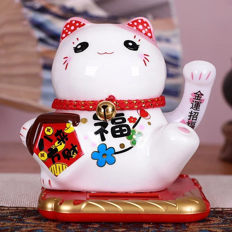 Solar Powered Ceramic Lucky Cat Beckoning Fortune Cat Home Car Decoration Gift Wealth Waving Arm Cat