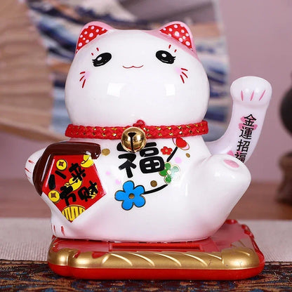 Solar Powered Ceramic Lucky Cat Beckoning Fortune Cat Home Car Decoration Gift Wealth Waving Arm Cat