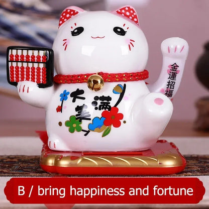 Solar Powered Ceramic Lucky Cat Beckoning Fortune Cat Home Car Decoration Gift Wealth Waving Arm Cat