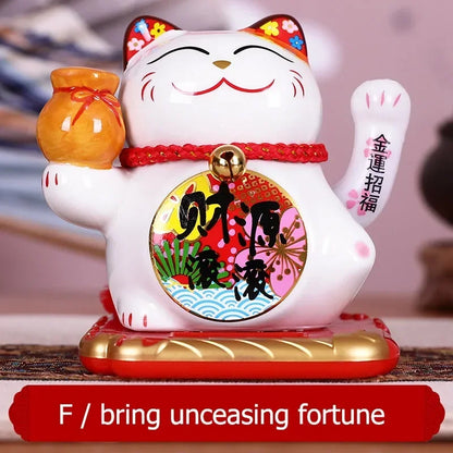 Solar Powered Ceramic Lucky Cat Beckoning Fortune Cat Home Car Decoration Gift Wealth Waving Arm Cat