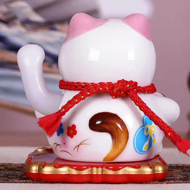 Solar Powered Ceramic Lucky Cat Beckoning Fortune Cat Home Car Decoration Gift Wealth Waving Arm Cat