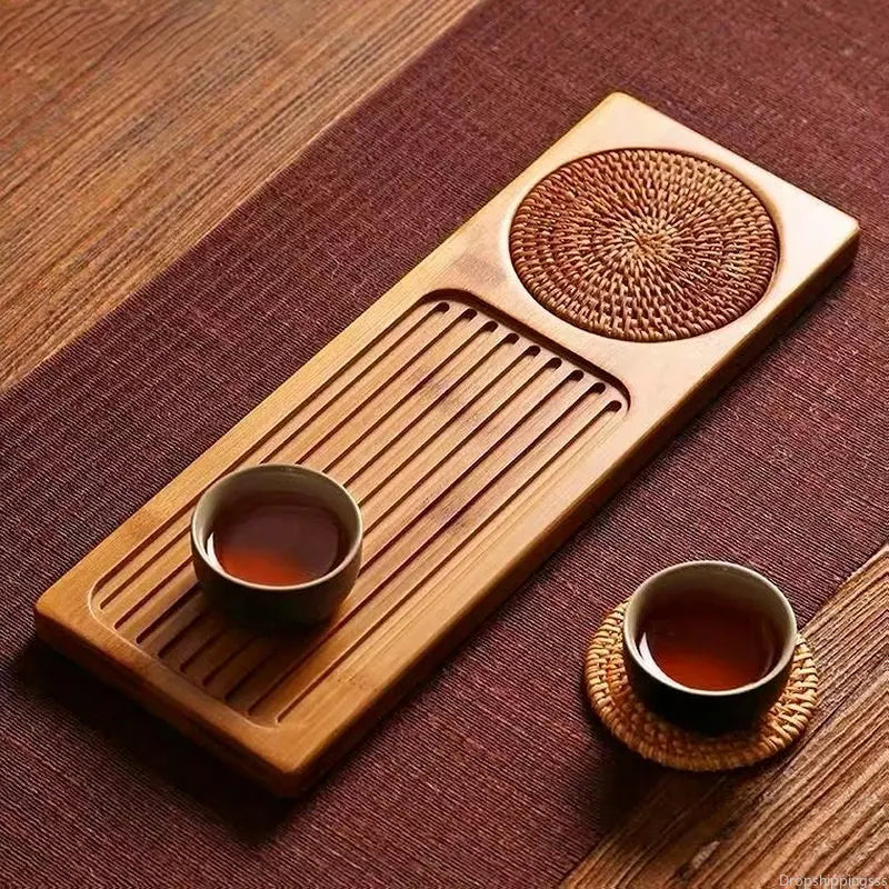 Solid Bamboo Wood Tea Tray Rattan Mat Rectangle Serving Table Plate Storage Dish for Hotel Tea Plate Accessories Saucer