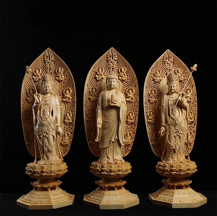 Solid Bodhisattva Buddha Statue Wood Carving East 3 Gods For Home Buddhist Folk Crafts