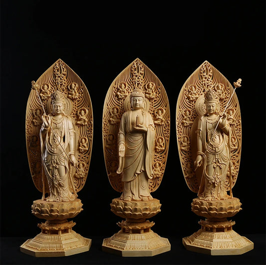 Solid Bodhisattva Buddha Statue Wood Carving East 3 Gods For Home Buddhist Folk Crafts
