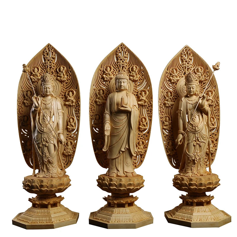 Solid Bodhisattva Buddha Statue Wood Carving East 3 Gods For Home Buddhist Folk Crafts