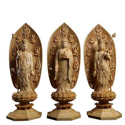 Solid Bodhisattva Buddha Statue Wood Carving East 3 Gods For Home Buddhist Folk Crafts