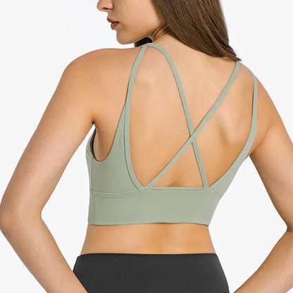 Solid Color Women Fitness Sporty Bra Top Gym backless Athletic Back Cutout Cross Tight Workout Soft With Chest Pad