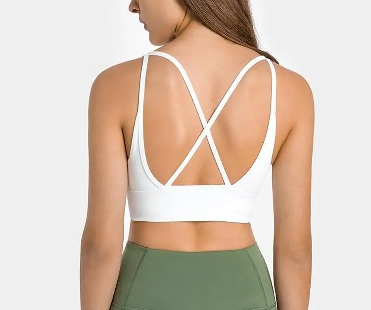 Solid Color Women Fitness Sporty Bra Top Gym backless Athletic Back Cutout Cross Tight Workout Soft With Chest Pad