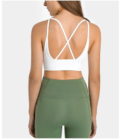 Solid Color Women Fitness Sporty Bra Top Gym backless Athletic Back Cutout Cross Tight Workout Soft With Chest Pad