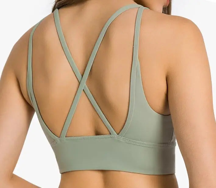 Solid Color Women Fitness Sporty Bra Top Gym backless Athletic Back Cutout Cross Tight Workout Soft With Chest Pad