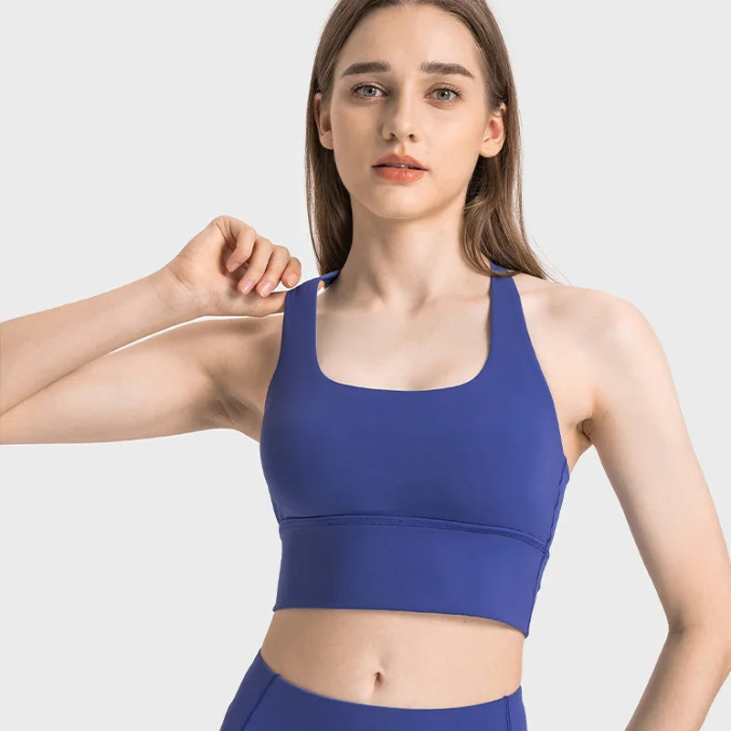 Solid Color Women Fitness Sporty Bra Top Gym backless Athletic Back Cutout Cross Tight Workout Soft