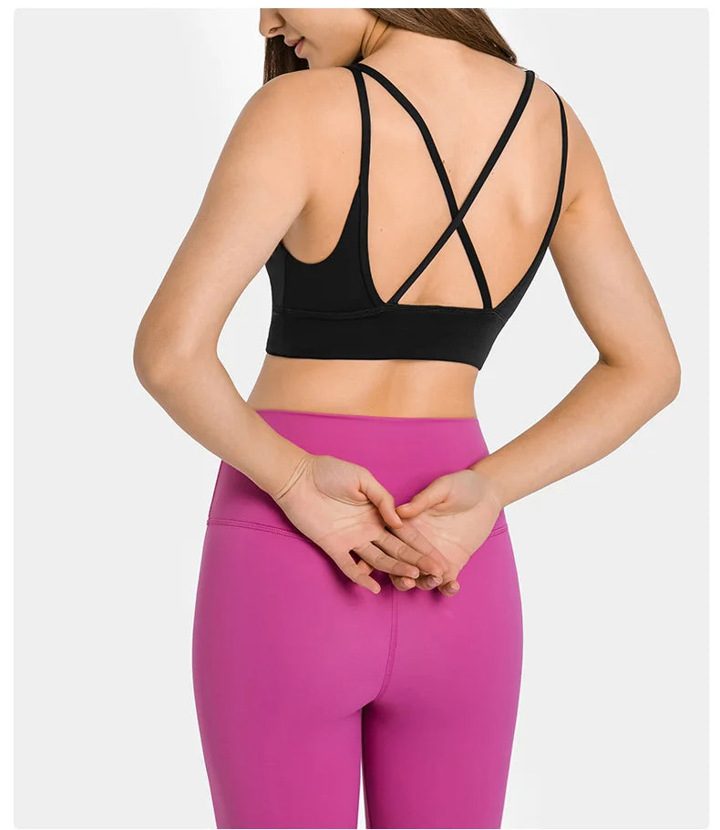 Solid Color Women Fitness Sporty Bra Top Gym backless Athletic Back Cutout Cross Tight Workout Soft With Chest Pad