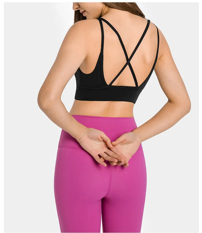 Solid Color Women Fitness Sporty Bra Top Gym backless Athletic Back Cutout Cross Tight Workout Soft With Chest Pad