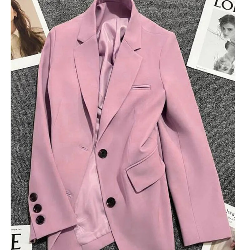 Solid Simple Notched Loose Coat Small Suit Jacket For Women's Spring New Double Breasted Elegant Blazers