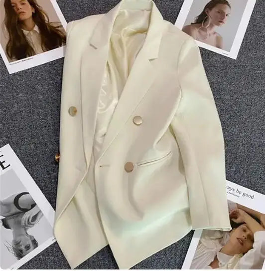 Solid Simple Notched Loose Coat Small Suit Jacket For Women's Spring New Double Breasted Elegant Blazers