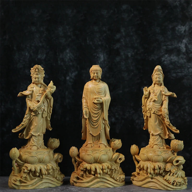 Solid Wood Amitabha & Avalokitesvara Trio Sculpture, Cherished Buddhist Saints, Captivating Boxwood Artistry for Serene Home